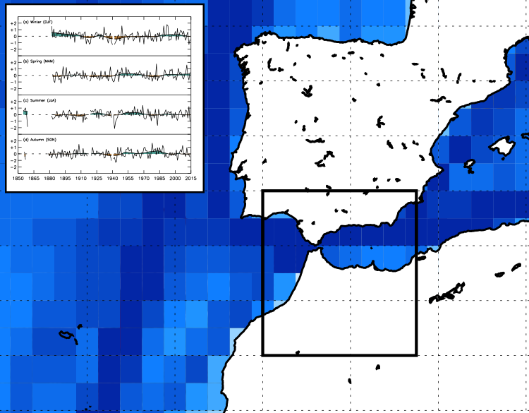 The figure shows the density of wind direction observations in the Strait of Gibraltar.
